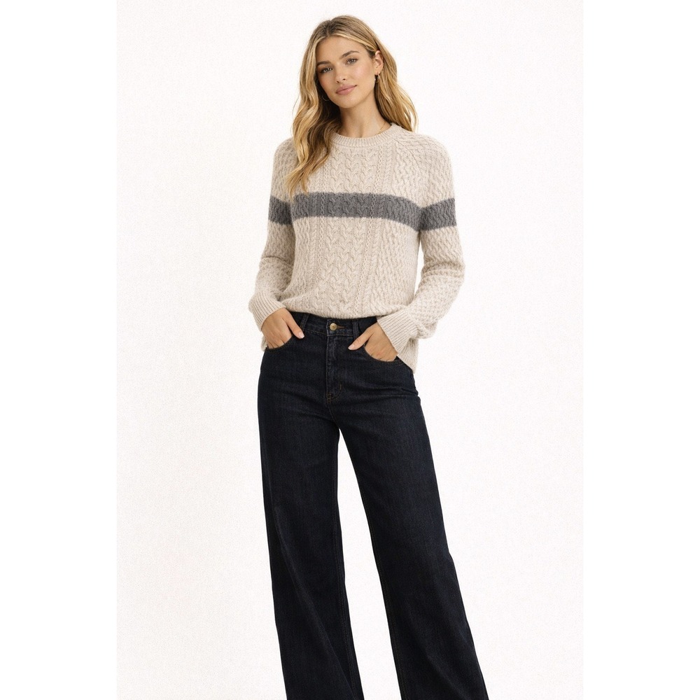 SWTR Cable Knit 3D Fisherman Sweater Ivory Grey Stripe Merino Cashmere XS‎